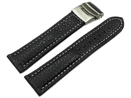 Bracelet de montre - cuir de veau grainé - noir/couture blanche